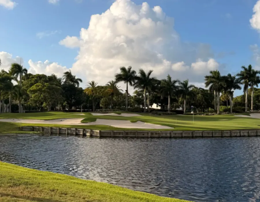 Palm-lined golf green beside a lake in a gated Florida golf community